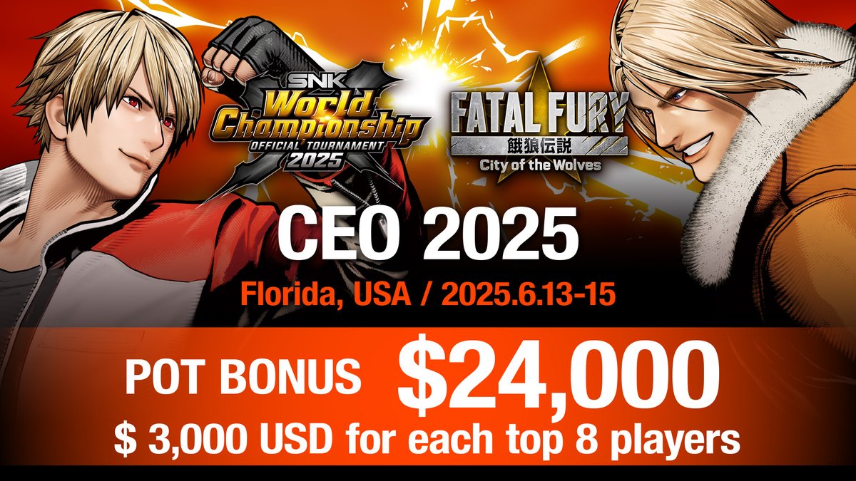 Not only CEO 2025 holds #RoadtoEWC for #CotW but is also the qualifying round for  #SWC2025 !

AND there will be $3K pot bonus for the TOP8! 
Registration deadline is just around the corner! Don’t miss your chance to test yourself!

#FatalFury