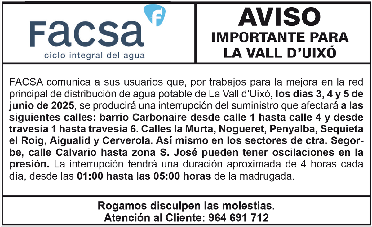 FACSA. Ciclo Integral del Agua (@facsa_es) on Twitter photo ⚠️ AVISO #LaValldUixó: Los días 3, 4 y 5 de junio, de 01:00 a 05:00 h de la madrugada, se producirá un corte en el suministro de agua potable debido a trabajos de mejora en la red. Disculpen las molestias. #Facsa <a href="/ajlavallduixo/">Aj. La Vall d'Uixó</a> ⚠️ AVISO #LaValldUixó: Los días 3, 4 y 5 de junio, de 01:00 a 05:00 h de la madrugada, se producirá un corte en el suministro de agua potable debido a trabajos de mejora en la red. Disculpen las molestias. #Facsa <a href="/ajlavallduixo/">Aj. La Vall d'Uixó</a>