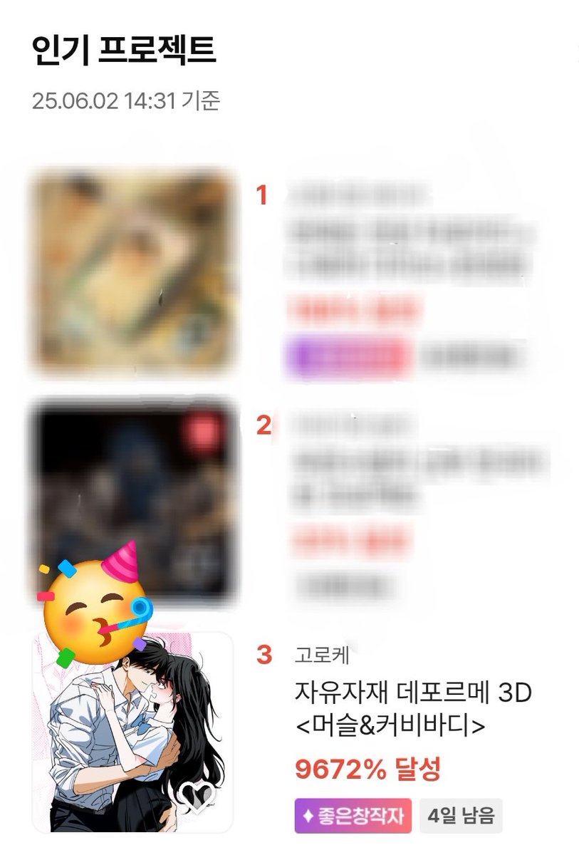 💪프로젝트 종료까지 4일!
감사하게도 다시 한 번 주목할 만한 프로젝트와 인기 프로젝트 3위로 올랐습니다.
달성률 9600%가 넘는 큰 관심을 받게되어 감개무량합니다!
마지막 전달일까지 최선을 다해 작업하겠습니다. 감사합니다!🥹👍