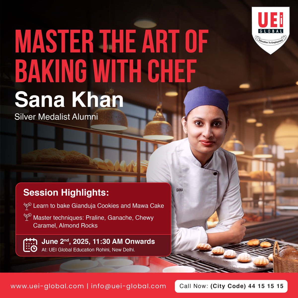 UEIGlobal's tweet image. 🎂 LIVE Today!
Join Chef Sana Khan 👩‍🍳, Silver Medalist @UEIGlobal, for a hands-on baking workshop!
Learn Gianduja Cookies, Mawa Cake, Ganache &amp;amp; more! 🍫🍰
📍 Rohini, New Delhi
🕦 June 2 | 11:30 AM
📺 Live on YouTube &amp;amp; Instagram
#BakingWorkshop #UEIGlobal