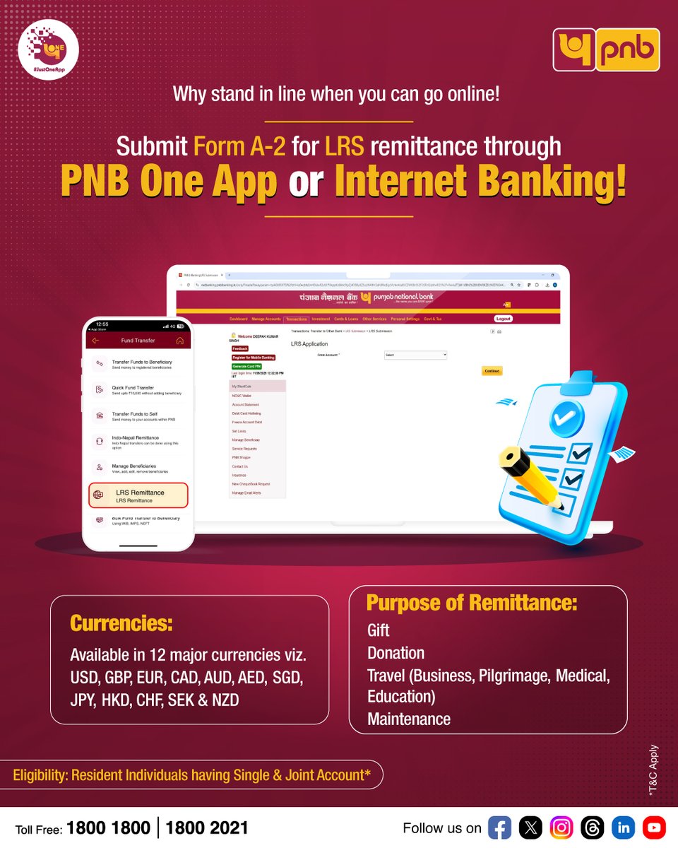 Make global transfers easy with a click, use PNB One App or Internet  Banking for LRS Remittance! To know more, visit: https://t.co/fAcFWvbx63  #Remittance #LRS #PNBOne #InternetBanking #SubmitNow #PNB