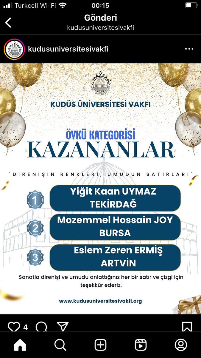 Kudüs Üniversitesi Vakfı’nın Türkiye geneli yapmış olduğu Filistin konulu şiir, öykü, resim yarışmasında öykü kategorisinde 9F sınıfından öğrencimiz Yiğit Kaan Uymaz Türkiye 1.si olmuştur.<a href="/CorluMem/">Çorlu Milli Eğitim Müdürlüğü</a> <a href="/tekirdagmem/">Tekirdağ İl Millî Eğitim Müdürlüğü</a> <a href="/hete61/">Hüseyin ERDOĞAN</a> <a href="/tcmeb/">Millî Eğitim Bakanlığı</a>