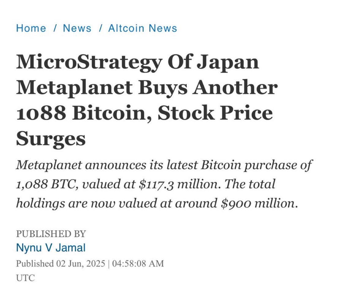 속보: @Metaplanet 1억 1,400만 달러 상당의 1,088 #Bitcoin 추가로 매수. 현재 8,888 $BTC 를  보유하고 있으며, 이는 9억 3,000만 달러 상당.