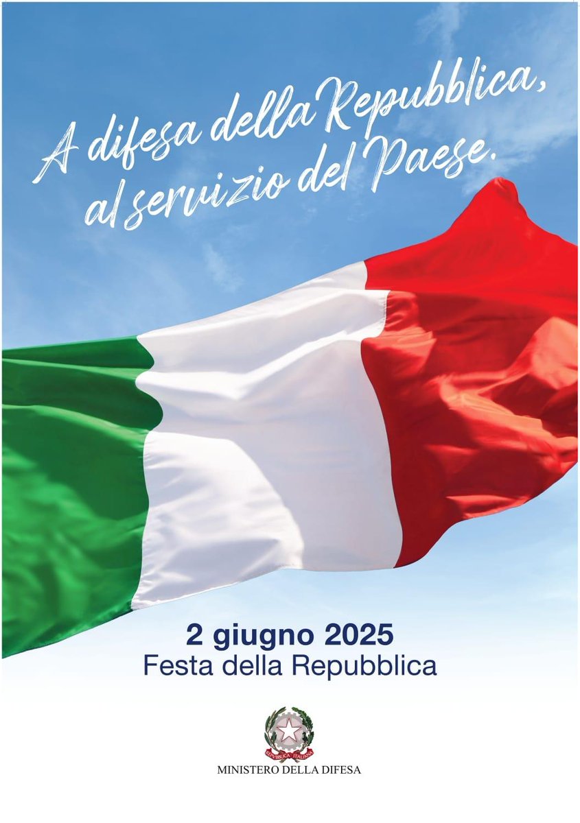 #FestaDellaRepubblica🇮🇹

Buon #2giugno dalla #Difesa!
Celebriamo oggi il 79° anniversario della Repubblica italiana.
📹📲 Guarda la diretta streaming sul portale difesa.it e sui canali Facebook e YouTube della #Difesa a partire dalle ore 9:00.