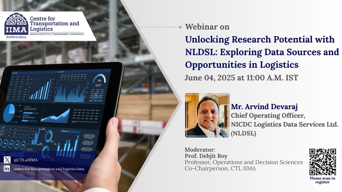 Centre for Transportation and Logistics (@ctlatiima) on Twitter photo Join <a href="/CTLatIIMA/">Centre for Transportation and Logistics</a> for a Webinar on 'Unlocking Research Potential with NLDS: Exploring Data Sources and Opportunities in Logistics' by Mr. Arvind Devaraj on June 04, 2025, at 11:00 A.M. IST.
Register: iima.zoom.us/webinar/regist…
<a href="/IIMAhmedabad/">IIM Ahmedabad</a> <a href="/NLDSLDB/">NLDS</a>
#Webinar #IIMA #CTL Join <a href="/CTLatIIMA/">Centre for Transportation and Logistics</a> for a Webinar on 'Unlocking Research Potential with NLDS: Exploring Data Sources and Opportunities in Logistics' by Mr. Arvind Devaraj on June 04, 2025, at 11:00 A.M. IST.
Register: iima.zoom.us/webinar/regist…
<a href="/IIMAhmedabad/">IIM Ahmedabad</a> <a href="/NLDSLDB/">NLDS</a>
#Webinar #IIMA #CTL