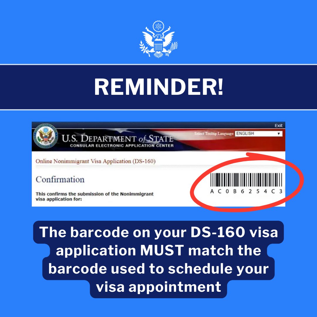 U.S. Mission Uganda (@usmissionuganda) on Twitter photo Visa applicants:
At least 2 business days before your visa interview, double check that the barcode number on your DS-160 form matches the one in your appointment profile. If it’s not a match, your appointment will be cancelled.
Email: Uganda.Visas@gdit-gss.com for more info. Visa applicants:
At least 2 business days before your visa interview, double check that the barcode number on your DS-160 form matches the one in your appointment profile. If it’s not a match, your appointment will be cancelled.
Email: Uganda.Visas@gdit-gss.com for more info.
