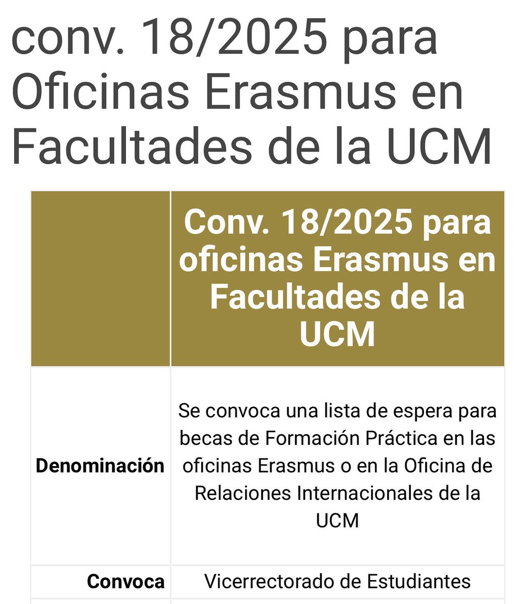 🔔Se convoca una lista de espera para becas de Formación Práctica en las oficinas Erasmus o en la Oficina de Relaciones Internacionales de la UCM. 

Solicitudes hasta el 19 de junio (incluido). 

Consulta requisitos y convocatoria completa: ucm.es/conv-18-2025-p…