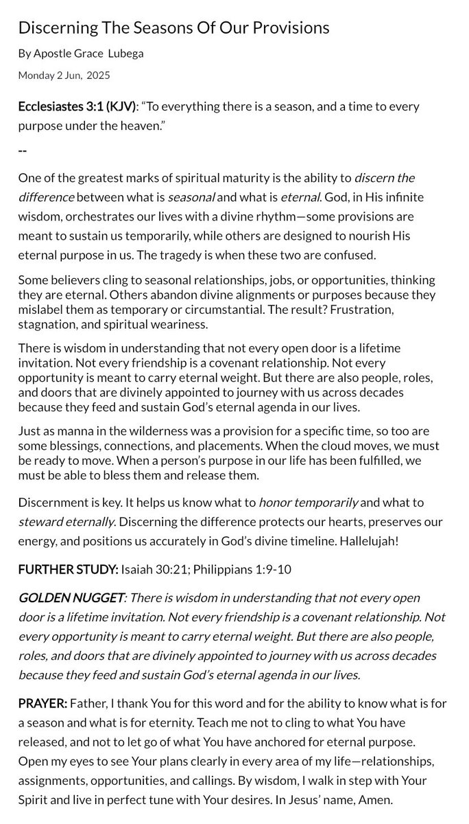 Good morning. 
Here’s the devotional for today.
“Discerning The Seasons Of Our Provisions”.
