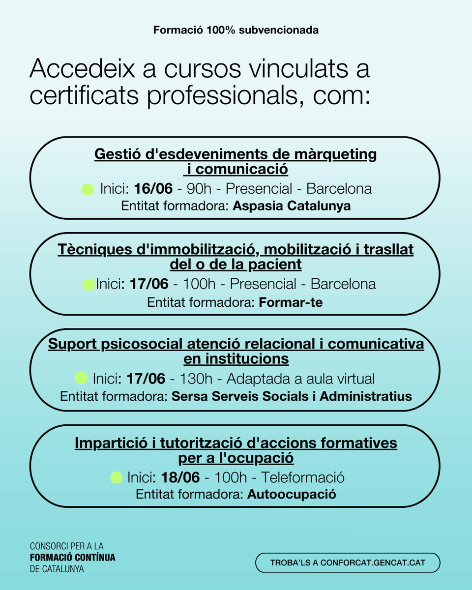 fpo_continua's tweet photo. 📢Cursos vinculats a certificats professionals 💯% subvencionats!

🗓️ Amb data d'inici entre el 16 i el 18 de juny.

💻🔎Consulta aquests i molts més al nostre cercador de #cursos 👉 https://t.co/hxj6eQiX7B

@GrupoAspasia
@Formar_te
@autoocupacio

#Formació #talent https://t.co/qZDkIPmhkz