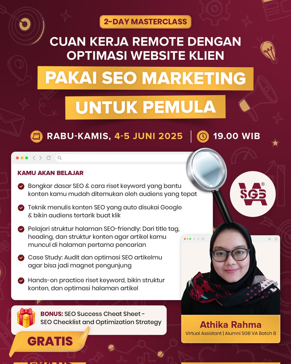 🤔 "Kak, kerja remote yg gajinya gede tapi skillnya bisa dipelajari pemula apa?"

✨️ SEO Marketing ✨️

Dan minggu ini kita ada kelasnya dengan praktek langsung, GRATIS!

✅️ BONUS 35+ website kerja remote dikirim ke email kamu.

Daftar sekarang 👇
🔗 link.sgbva.com/sgbvax_ws
