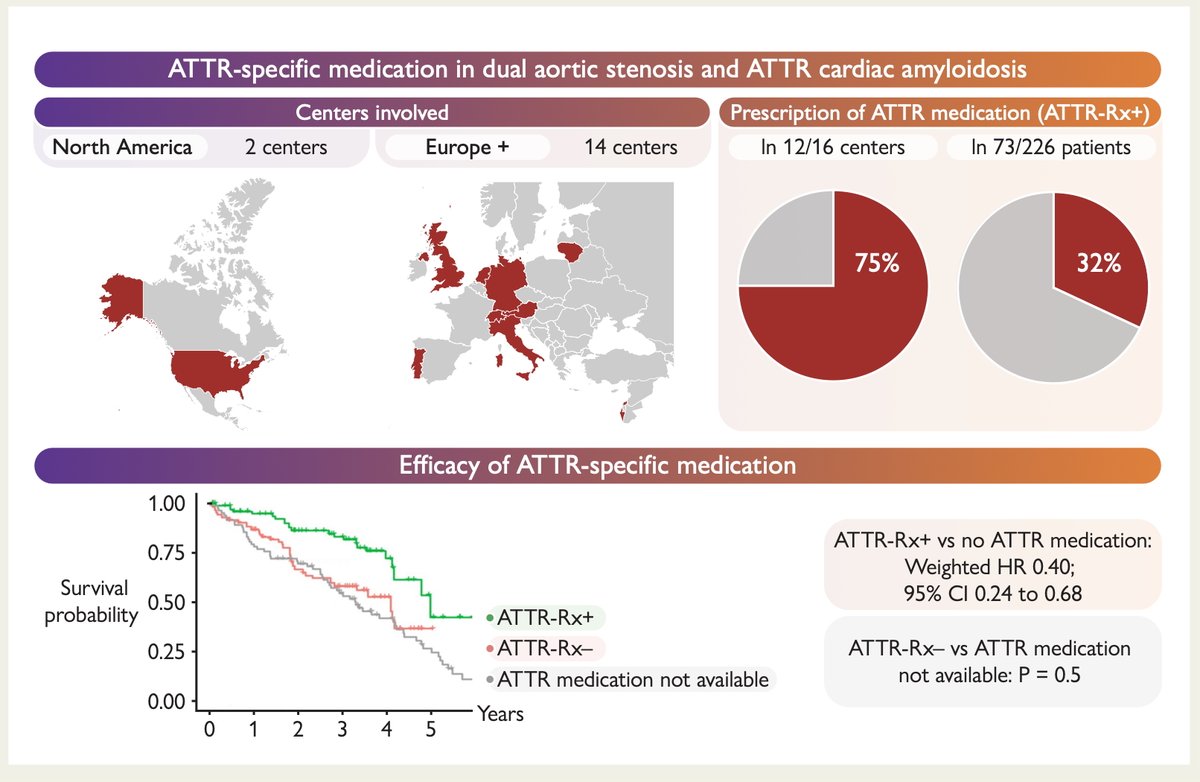 1/3_📢 Excited to see the results of our transatlantic registry published in #EHJ.
Patients with both aortic stenosis (AS) and transthyretin cardiac amyloidosis (ATTR-CA)—a group with unclear optimal management. Can AVR and tafamidis improve survival? 
📄doi.org/10.1093/eurhea…