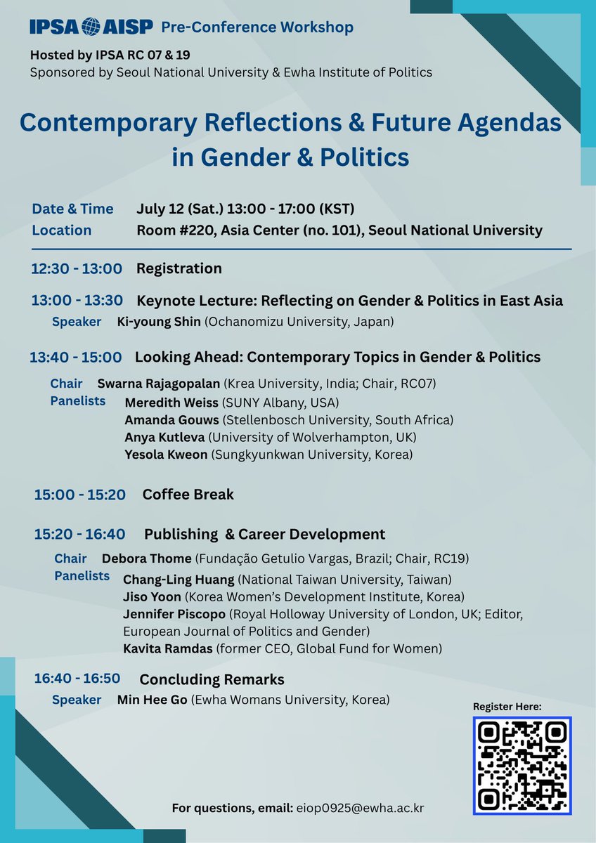 Calling all scholars of gender &amp; politics! Join us for the pre-conference workshop of gender &amp; politics <a href="/ipsa_aisp/">IPSA</a> and meet a vibrant community of scholars before #IPSA2025 in #Seoul. Pre-register here 👇