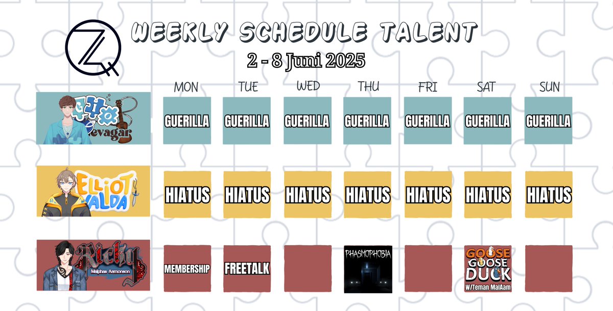 📅 Weekly Schedule Talent 📅

Halo sobat QuaRo!! 
Mimin disini memberikan informasi mengenai jadwal mingguan Live Streaming dari 2 - 8 Juni 2025.

• <a href="/gio_gevagar12/">Gio Gevagar</a> 🎼 
• <a href="/ElliotValda/">Elliot Valda 💻🎭 | COMMISION OPEN | ORANG DEPOK</a> 💻 
• @Ricky_MalAam ☕