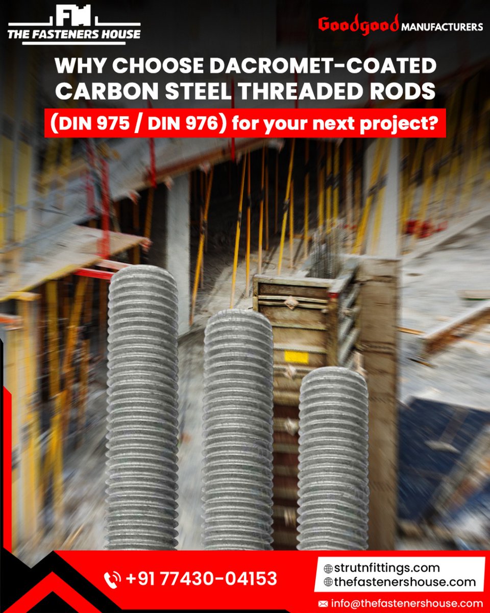 GoodgoodMFRS's tweet photo. Why Dacromet-Coated Threaded Rods (DIN 975/976) Stand Out:

✅ Rust &amp; chemical resistant
✅ High tensile strength
✅ Globally compliant
✅ Perfect for construction, marine &amp; more

#goodgoodmanufactuers #fastenersindia #boltmanufacturer #hightensilebolts #anchorfasteners https://t.co/jsXUKjQzVJ