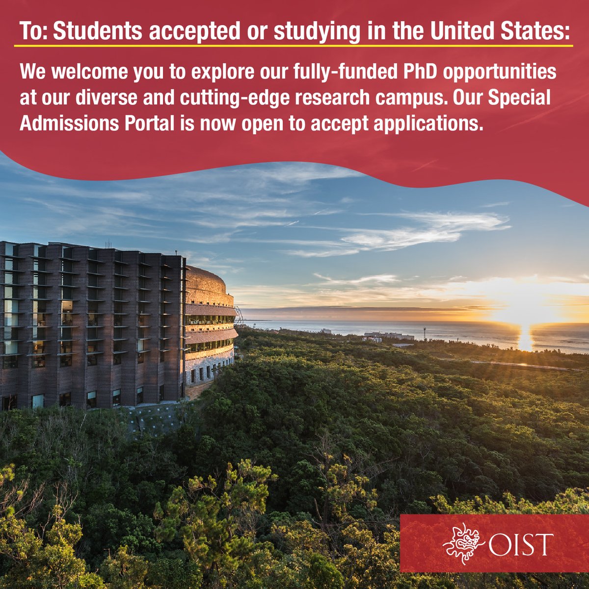 OIST研究科では、現在アメリカの大学に在籍中、または入学が決定している学生で博士課程への進学を検討している学生を対象とした特別入試ポータルを開設しました。 oist.jp/admissions/acc…