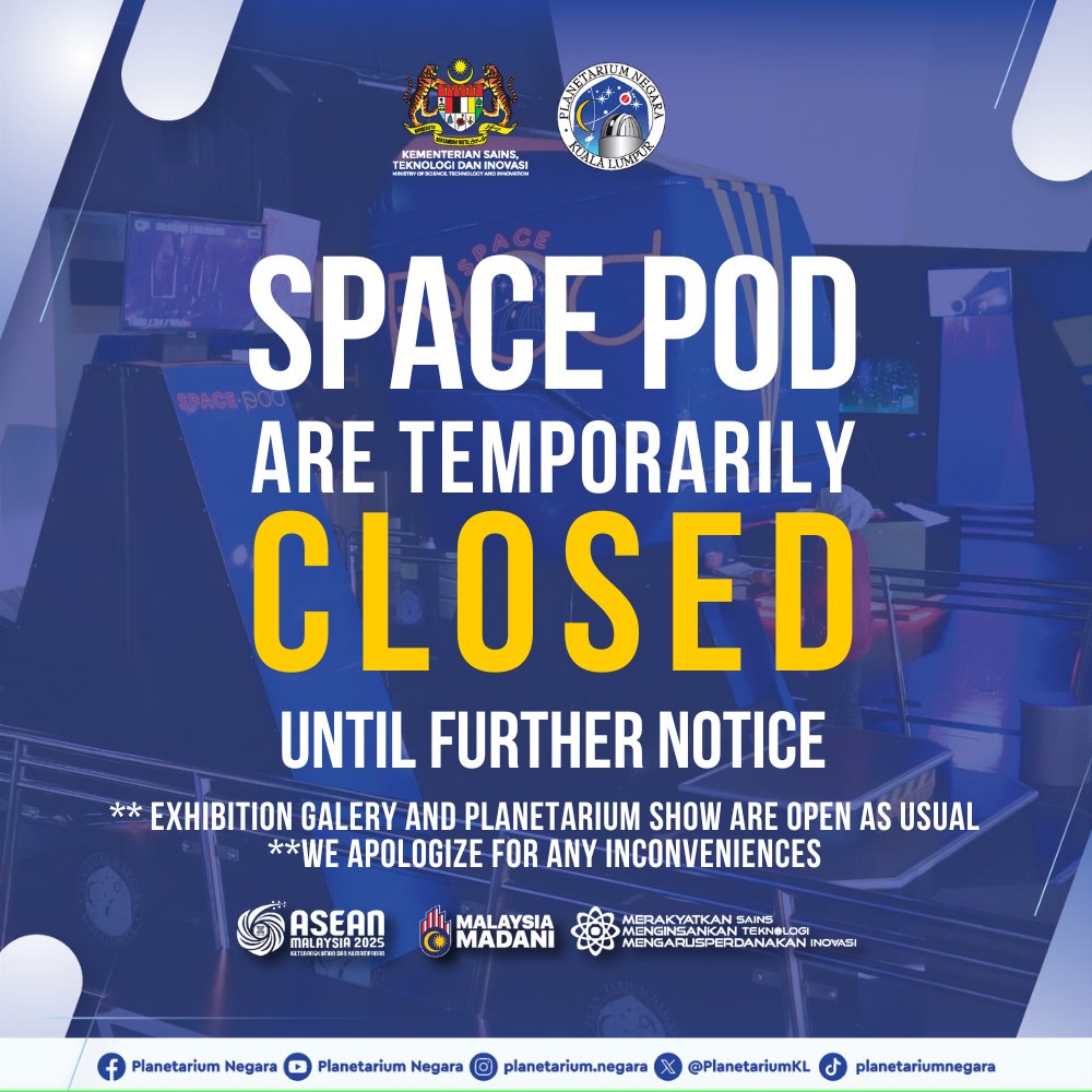 MAKLUMAN PENUTUPAN KEMBARA SIMULASI SEHINGGA KE SUATU TARIKH YANG AKAN DIMAKLUMKAN KELAK.

Galeri Pameran dan Tayangan Planetarium dibuka seperti biasa. Kami memohon maaf atas segala kesulitan yang dihadapi.

#planetariumnegara #MOSTI