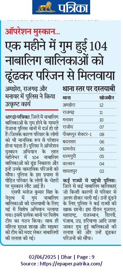 महिला सुरक्षा/सम्मान -पहली प्राथमिकता- धार पुलिस द्वारा मई के महीने में मुस्कान अभियान के तहत 104 नाबालिग बच्चियों को दस्तयाब कर उनके परिवार के चेहरे पर खुशियां लौटाई। <a href="/CMMadhyaPradesh/">Chief Minister, MP</a> <a href="/DGP_MP/">DGP MP</a> <a href="/IGP_INDORE/">IG INDORE (RURAL)</a> <a href="/MPPoliceDeptt/">Madhya Pradesh Police</a> <a href="/JansamparkMP/">Jansampark MP</a>