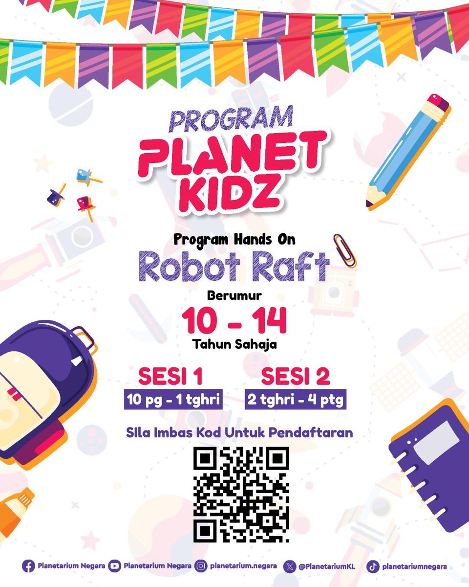 Assalamualaikum &amp; salam sejahtera adik-adik.

Planet Kidz kembali lagi padacuti sekolah kali ini dengan Aktiviti ‘hands-on’ ROBOT RAFT.

Terbuka kepada kanak-kanak &amp; remaja berumur 10-14 tahun sahaja. 

Maklumat lanjut di pautan berikut: shorturl.at/NAful