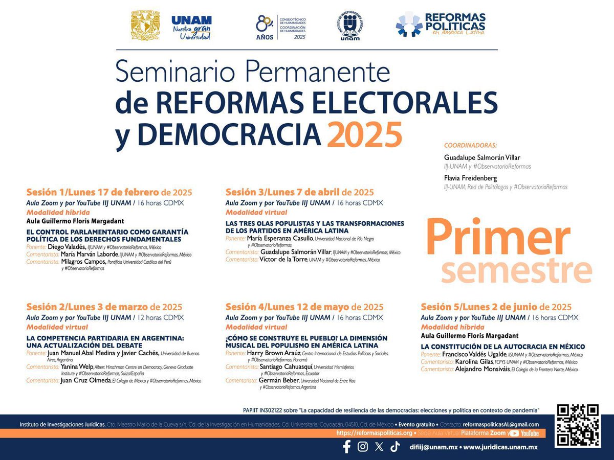 📌| #HoyEsHoy

🗳 Seminario Permanente “Reformas Electorales y Democracia 2025”

El día de hoy se llevará a cabo la Quinta Sesión: “La constitución de la autocracia en México”, ponencia de Francisco Valdés Ugalde [<a href="/pacovaldesu/">Francisco Valdés Ugalde</a>], con comentarios de Karolina Gilas [<a href="/KarolinaGilas/">Karolina Gilas</a>]