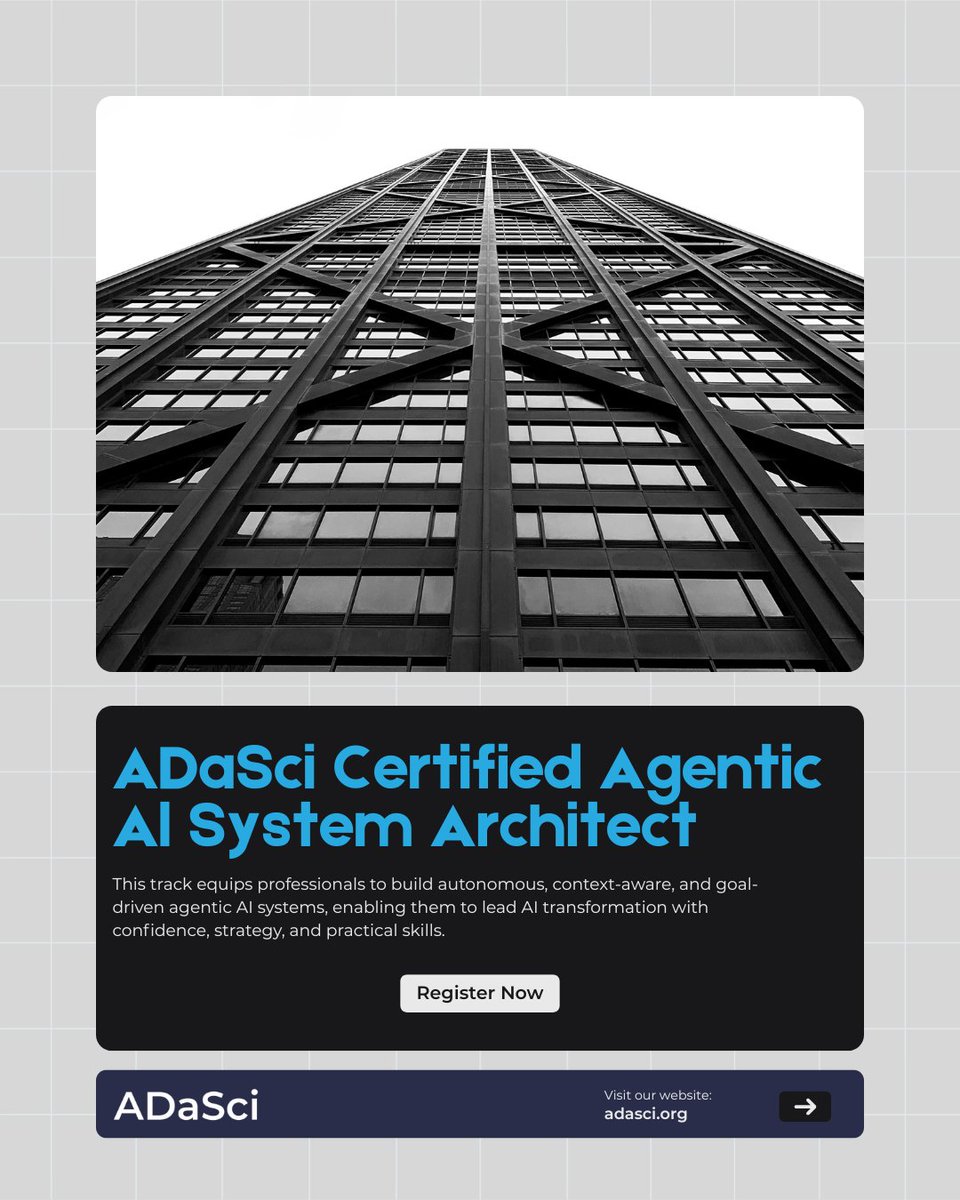Build the future of autonomous AI.

Join ADaSci’s Certified Agentic AI System Architect Program to design systems that think, adapt &amp; act with purpose.

Lead AI transformation with hands-on skills &amp; strategy.

🔗 adasci.org/certified-agen…

#AgenticAI #ADASci #AILeadership