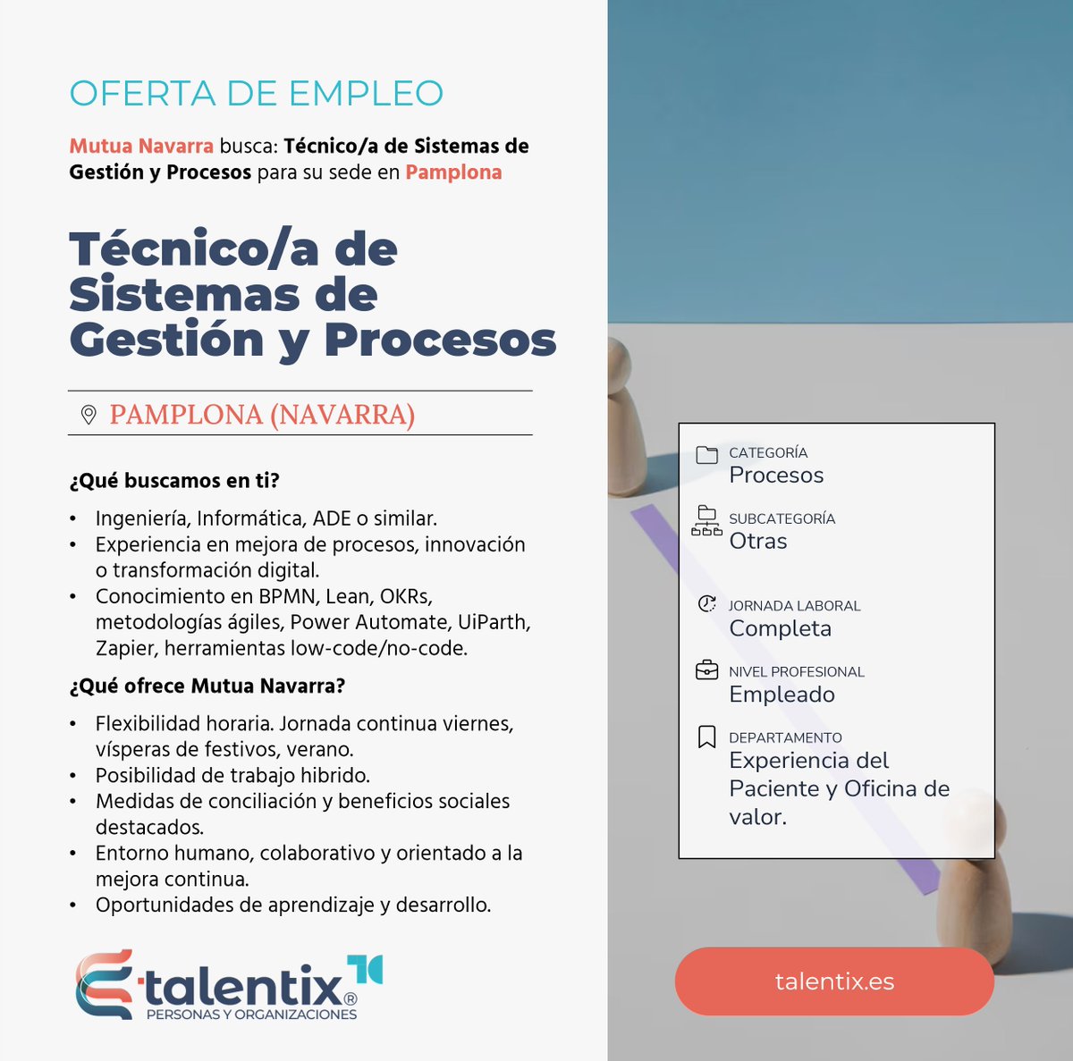 ¡Nueva vacante en #Pamplona! 📢 Mutua Navarra busca Técnico/a de Sistemas de Gestión y Procesos.
👉 ¿Te unes al reto? Inscríbete: ow.ly/s2EK50W2kYK
#Empleo #Ingeniero #Procesos #Innovación #MutuaNavarra