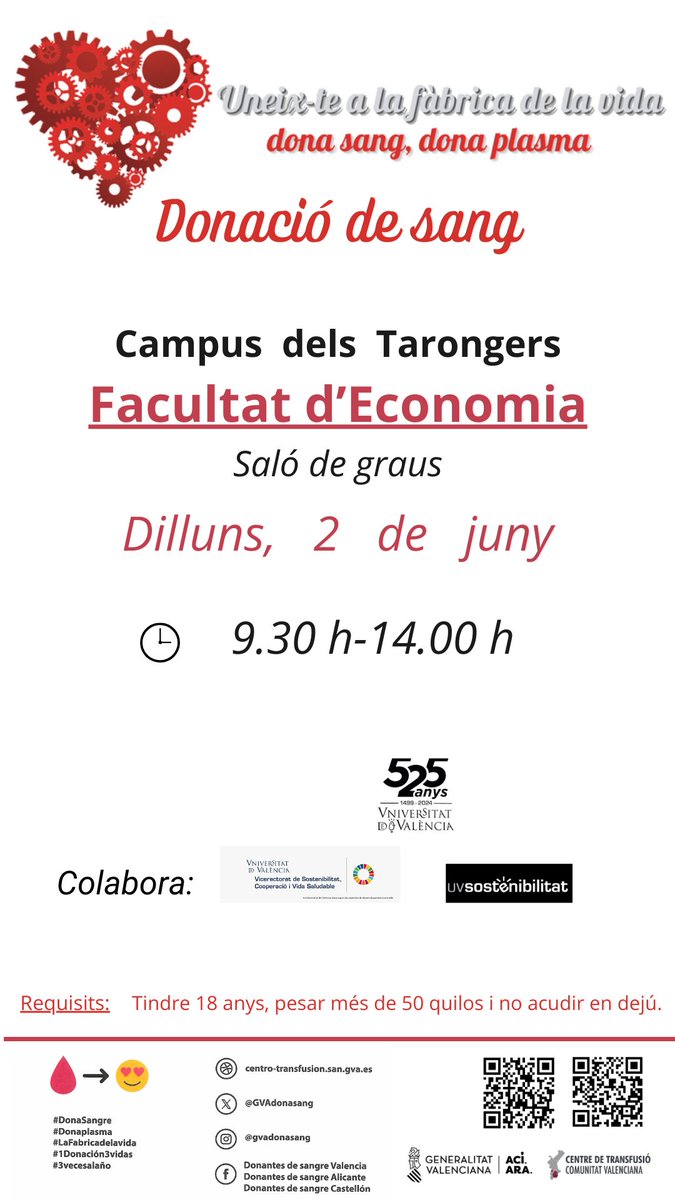 GVA Dona Sang (@gvadonasang) on Twitter photo Donació de sang <a href="/UV_EG/">Universitat València</a> #CampusTarongers
📅dilluns #2juny
📌<a href="/fdeconomiauv/">Facultat d'Economia</a>
⏳20 minuts del teu temps salven la vida de 3 persones.
👉pots donar si tens 18 anys, peses més de 50kg i gaudeixes de bona salut.
#ElsUniversitarisDonenSang❤️ Donació de sang <a href="/UV_EG/">Universitat València</a> #CampusTarongers
📅dilluns #2juny
📌<a href="/fdeconomiauv/">Facultat d'Economia</a>
⏳20 minuts del teu temps salven la vida de 3 persones.
👉pots donar si tens 18 anys, peses més de 50kg i gaudeixes de bona salut.
#ElsUniversitarisDonenSang❤️