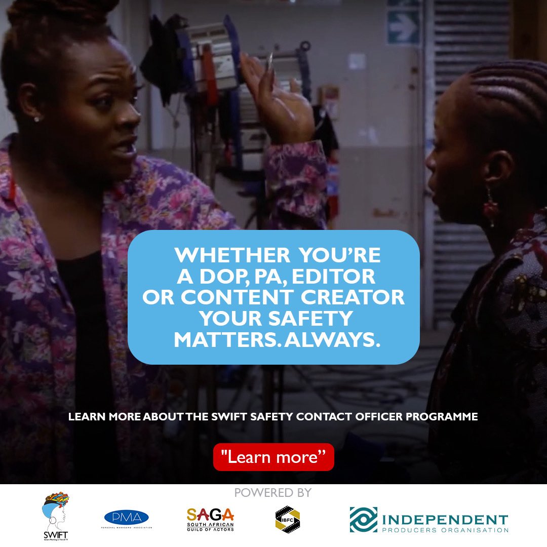 Accountability on set is prioritising safety, transparency, and accessibility channels for reporting harassment.

A safe work environment is a productive workplace. Let’s build environments where safety is the standard, not the exception. 

Visit website swiftsa.org.za/join-us/