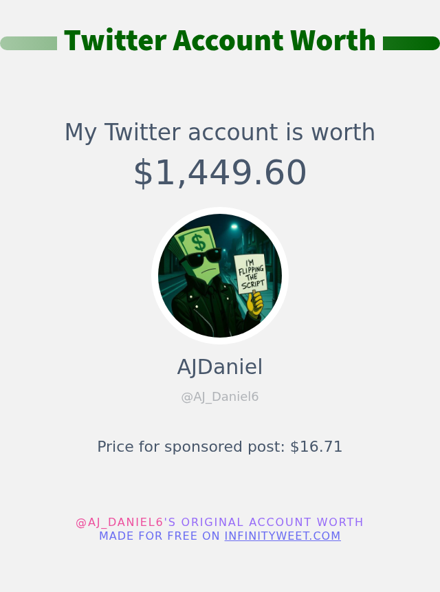 My Twitter worth is: $1,449.60

➡️ infinityweet.me/account-worth
