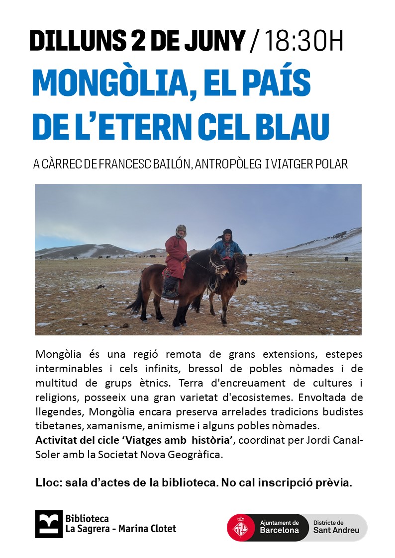 I comencem el cicle amb un viatge a #MONGÒLIA a càrrec de l'antropòleg <a href="/FBAILON/">Francesc Bailón</a>, a les 18.30 h, a la Biblioteca La Sagrera-Marina Clotet.
Cicle gratuït!