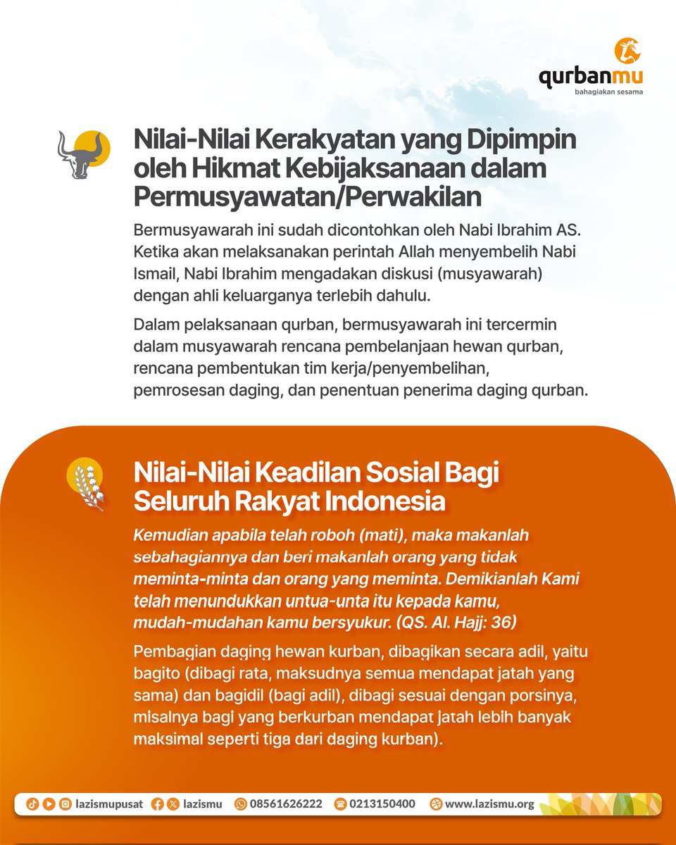 Tebarkan Kebahagiaan, Wujudkan Nilai-Nilai Pancasila Melalui Ibadah Qurban!

Ibadah Qurban bukan sekadar ritual tahunan, namun juga manifestasi nyata dari nilai-nilai luhur Pancasila: Kemanusiaan yang Adil dan Beradab, serta Keadilan Sosial bagi Seluruh Rakyat Indonesia.

Melalui