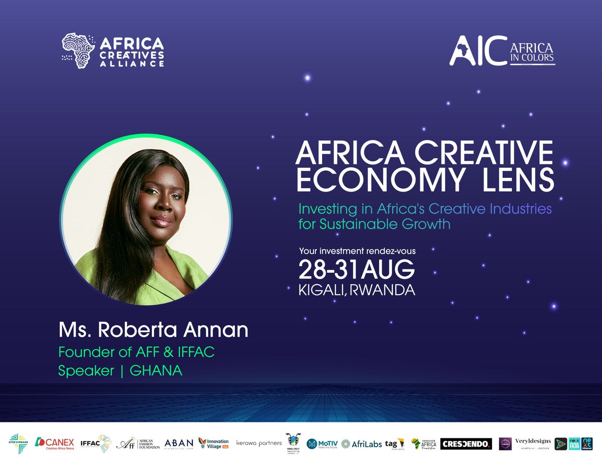Africa Creatives Alliance (@africacrealli) on Twitter photo Together with <a href="/africaincolors/">Africa in Colors</a>, we’re excited to welcome <a href="/RobertaAnnan/">Roberta Annan</a> founder of <a href="/IFFAC_official/">Impact Fund For African Creatives</a> at the Africa #CreativeEconomyLens, 28–31 Aug in Kigali Rwanda.
We shall explore how Africa’s creative industries can drive sustainable growth. Together with <a href="/africaincolors/">Africa in Colors</a>, we’re excited to welcome <a href="/RobertaAnnan/">Roberta Annan</a> founder of <a href="/IFFAC_official/">Impact Fund For African Creatives</a> at the Africa #CreativeEconomyLens, 28–31 Aug in Kigali Rwanda.
We shall explore how Africa’s creative industries can drive sustainable growth.