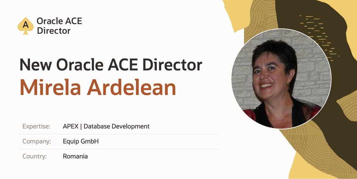 Oracle ACE Program (@oracleace) on Twitter photo With great pleasure, we announce the promotion to Oracle ACE Director of Mirela Ardelean. 🥳 ♠️ 🎉
Mirela has shown relentless dedication to the Oracle community and deep technical expertise.
Thank you for your recommendations, <a href="/signal006/">Mónica Godoy #orclAPEX 🚀</a>, <a href="/sandeshr/">Sandesh Rao</a>, and <a href="/MikeDietrichDE/">Mike Dietrich</a>! With great pleasure, we announce the promotion to Oracle ACE Director of Mirela Ardelean. 🥳 ♠️ 🎉
Mirela has shown relentless dedication to the Oracle community and deep technical expertise.
Thank you for your recommendations, <a href="/signal006/">Mónica Godoy #orclAPEX 🚀</a>, <a href="/sandeshr/">Sandesh Rao</a>, and <a href="/MikeDietrichDE/">Mike Dietrich</a>!