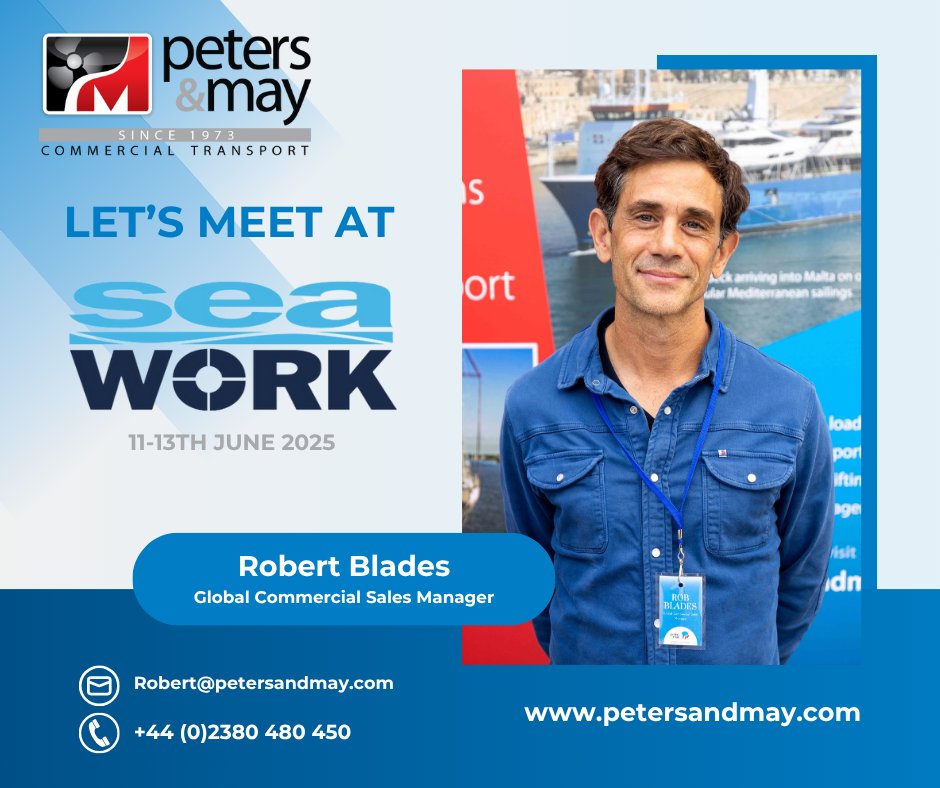 Heading to Seawork?
Connect with Robert Blades, our Global Commercial Sales Manager, who’ll be attending on behalf of Peters &amp; May Commercial Marine Transport.
Southampton | 11–13 June  commercialmarinetransport.com
#Seawork2025 #MarineTransport #PetersAndMay