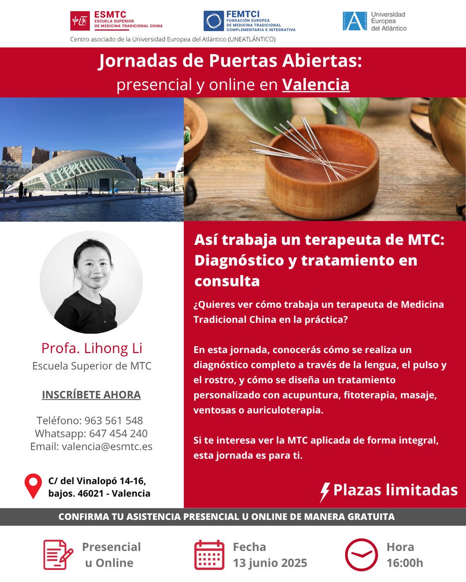 📣 Este 13 de junio a las 16:00h, vive una jornada gratuita (presencial u online) para experimentar la Medicina China en la ESMTC.

👉 Madrid: bit.ly/3HbYYiE
👉 Barcelona: bit.ly/3SoE9Tx
👉 Valencia: bit.ly/3FegRgl

#PuertasAbiertas #ESMTC #JPA #MTC