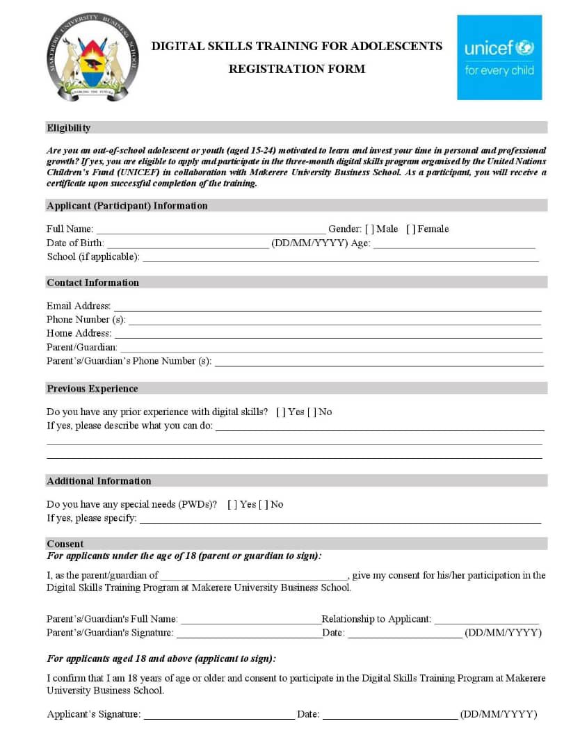 Makerere University Business School (@officialmubs) on Twitter photo Download the form for the 2025 Digital Skills Training Program for out-of-school adolescents and youths. The training is organized by MUBS in partnership with <a href="/UNICEFUganda/">UNICEF Uganda</a>
The completed forms can be scanned and submitted to the MUBS ICT Centre via email: ictcentre@mubs.ac.ug Download the form for the 2025 Digital Skills Training Program for out-of-school adolescents and youths. The training is organized by MUBS in partnership with <a href="/UNICEFUganda/">UNICEF Uganda</a>
The completed forms can be scanned and submitted to the MUBS ICT Centre via email: ictcentre@mubs.ac.ug
