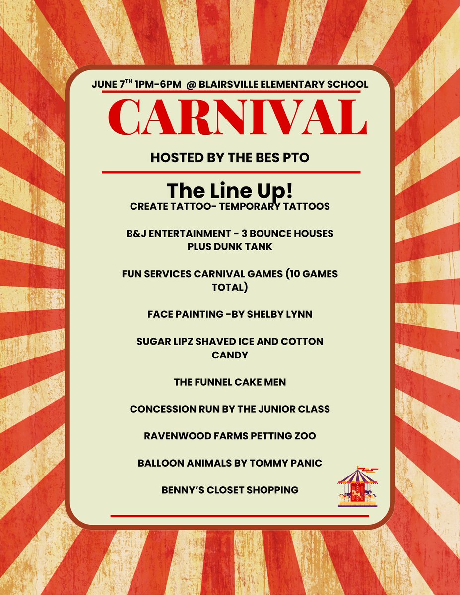River Valley School District (@rvsdpanthers) on Twitter photo 🎪 The BES PTO Carnival is coming June 7 from 1–6 PM! Join us for games, food, and fun for the whole family.🎉
<a href="/RVSDBES/">Blairsville Elementary School</a> 🎪 The BES PTO Carnival is coming June 7 from 1–6 PM! Join us for games, food, and fun for the whole family.🎉
<a href="/RVSDBES/">Blairsville Elementary School</a>