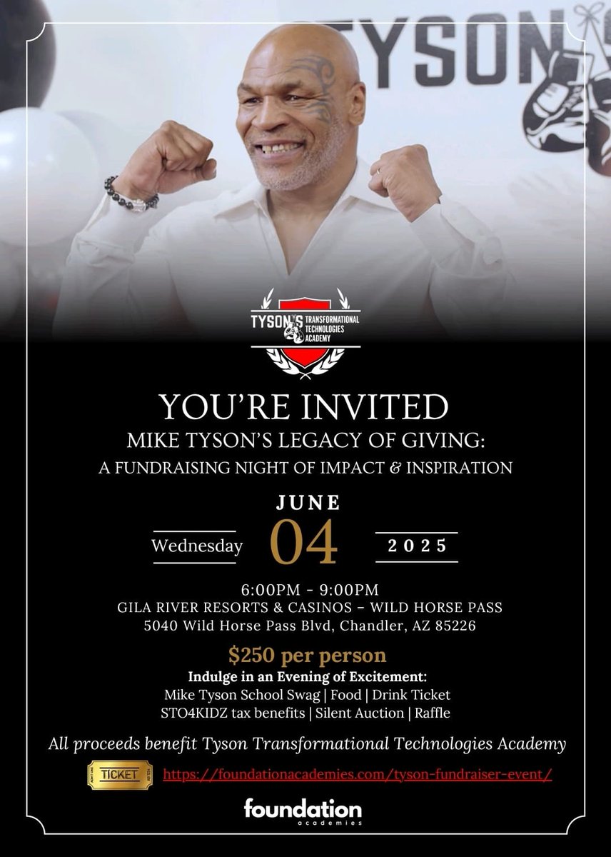 Elev8schoolai's tweet photo. 🥊✨ You’re invited to Mike Tyson’s Legacy of Giving — a powerful night of impact &amp; inspiration!

🗓️ June 4 | 6–9 PM
📍 Gila River Resorts &amp; Casinos – Wild Horse Pass
🎟️ $250 per person

🔗 Get your tickets now: https://t.co/yw6mWFk5hQ https://t.co/Htq5PDlctN
