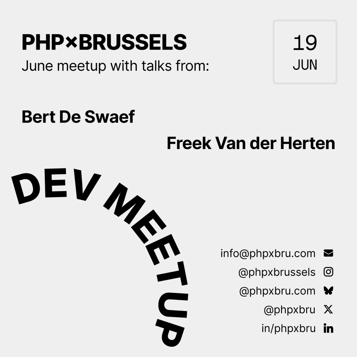 PHP×BRUSSELS (@phpxbru) on Twitter photo Here are our June 19th speakers!
- Bert De Swaef <a href="/BurtDS/">Bert De Swaef</a>
- Freek Van der Herten <a href="/freekmurze/">Freek Van der Herten 🔭</a>
Hold on to your knickers, it's going to be amazing! Here are our June 19th speakers!
- Bert De Swaef <a href="/BurtDS/">Bert De Swaef</a>
- Freek Van der Herten <a href="/freekmurze/">Freek Van der Herten 🔭</a>
Hold on to your knickers, it's going to be amazing!