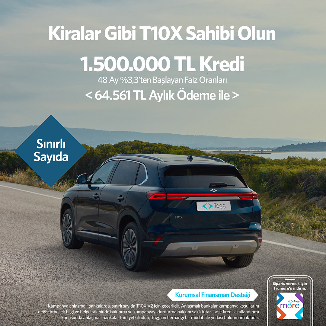 Yaza Togg T10X ile merhaba deyin. &lt;☀️&gt; &lt;🩵&gt;

Sınırlı sayıda T10X’te geçerli Haziran ayı finansman desteğiyle siparişinizi oluşturmak ve 60.000’i aşkın kullanıcımızla birlikte T10X ailesine katılmak için Trumore’u indirin.

#T10X
#Togg