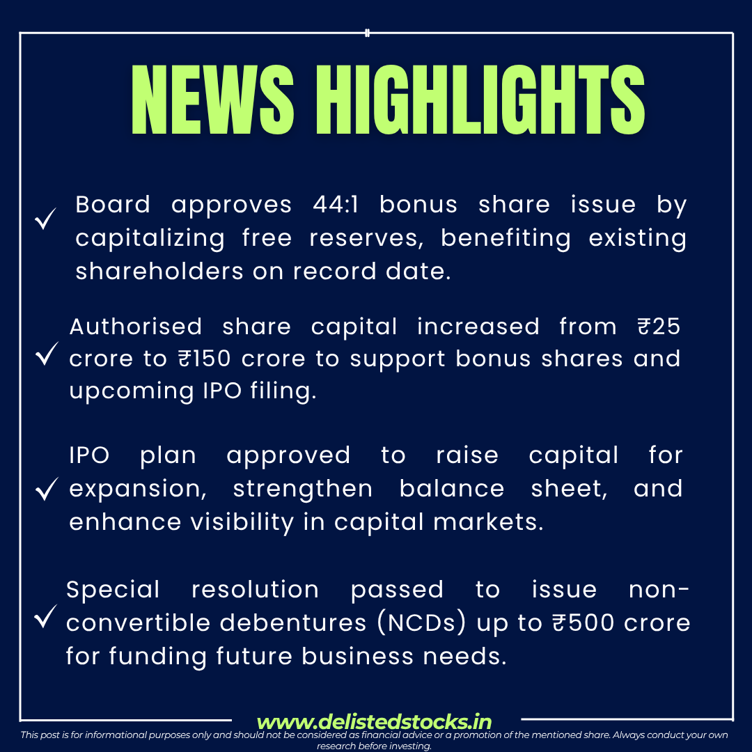 delisted_stocks's tweet photo. Onix set to approve 44:1 bonus shares, authorize ₹150 Cr capital, greenlight IPO, and issue ₹500 Cr NCDs!
📊🔥 #OnixRenewable #BonusIssue #IPOApproval #NCD #CorporateActions #InvestorUpdate #MarketNews #GrowthStrategy #FinancialUpdateSelect https://t.co/HVQo24KVSe