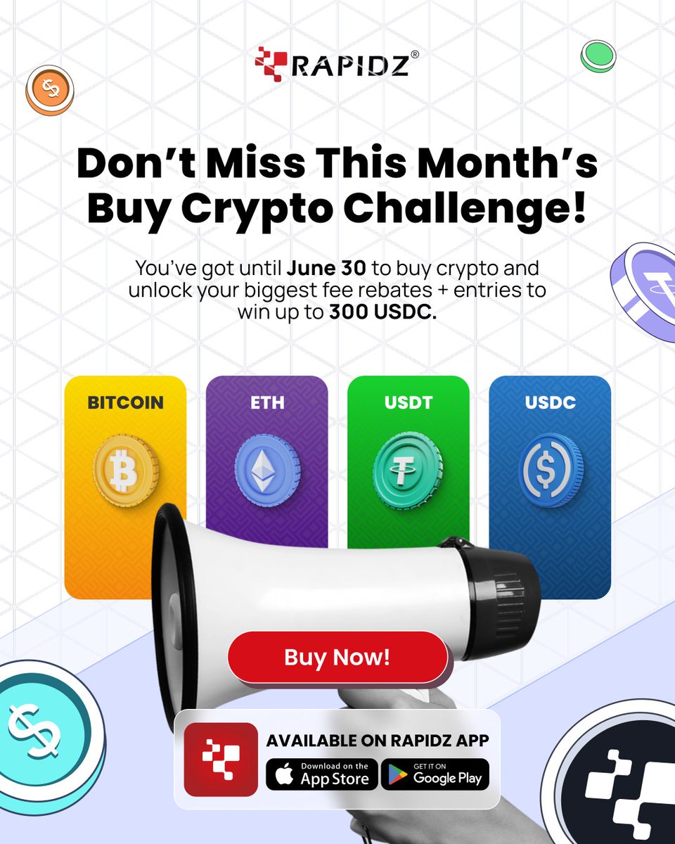 ⏳ Time’s running out to complete this month’s Buy Crypto Challenge!

⛓️ Make your crypto purchases before June 30
✅ Earn up to 48% fee rebates
🎁 Win your share of 1,000 USDC
🏆 Compete to be the top spender and take home 500 USDC

📲 Buy now on the Rapidz app or