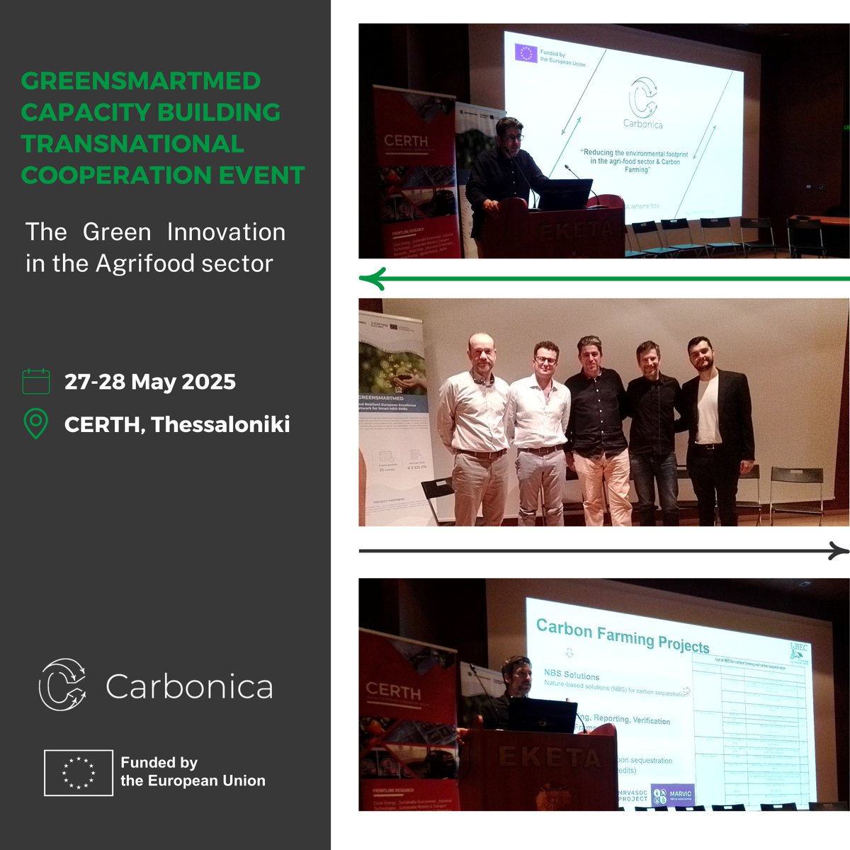 🌱On 27-28 May, George Papapostolou (<a href="/reframefood/">reframe.food</a>) and George Galanis (<a href="/interbalkan_env/">i-BEC</a>) represented the CARBONICA project at the GREENSMARTMED Transnational Event at the <a href="/CERTHellas/">ΕΚΕΤΑ-CERTH</a>, contributing to the exchange of innovative strategies.
#HorizonEU #Carbonicaexcellencehub