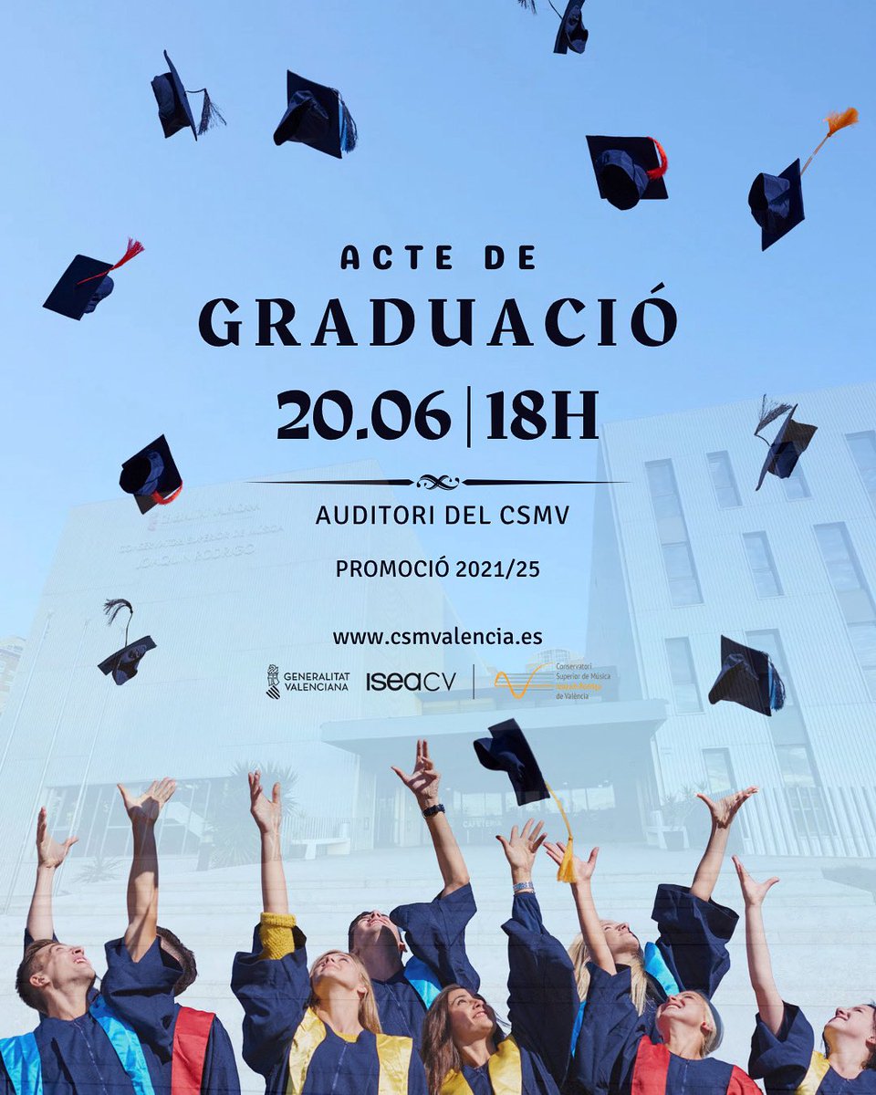 ✨ Todo en esta vida tiene un principio… ¡y un gran final! 🎓💫
Nos emociona anunciar la graduación de la promoción 2021/25 del Conservatorio Superior de Música Joaquín Rodrigo de Valencia 🎶🎉.
El acto tendrá lugar el 20 de junio a las 18h en el auditorio de nuestro centro 🏛️🎵