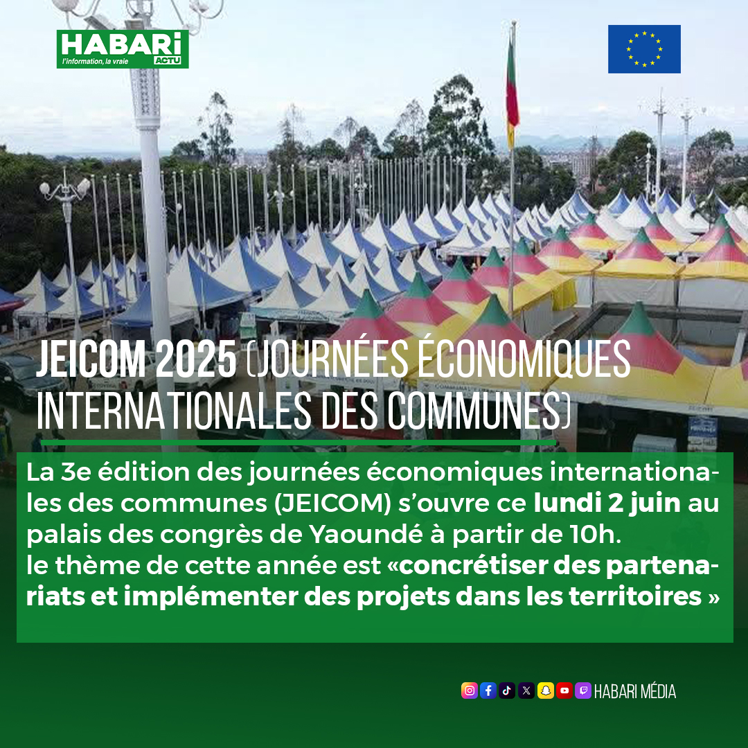 ÉCONOMIE – La 3ᵉ édition des Journées économiques internationales des communes (JEICOM) s’ouvre ce lundi 2 juin, au Palais des Congrès de Yaoundé, à partir de 10h. Le thème de cette année est « Concrétiser des partenariats et implémenter des projets dans les territoires ».