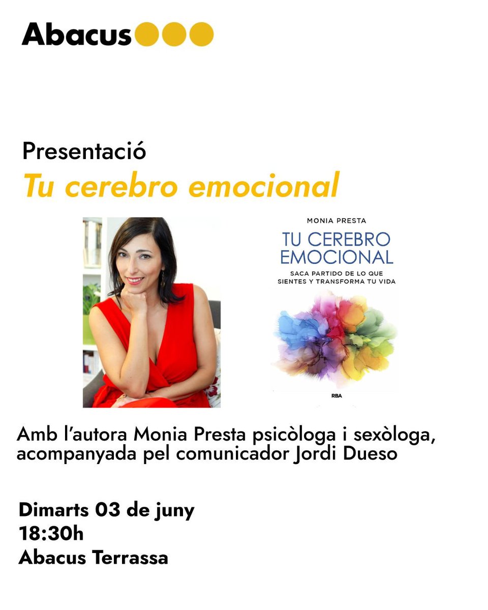 Jordi Dueso (@jordidueso) on Twitter photo Com estan les teves emocions?
Saps què és la Teràpia Integradora Estratègica?
Demà dimarts dia 3 18 30H, la psicòloga i sexòloga <a href="/MoniaPresta/">Monia Presta</a> ens presenta el Seu darrer llibre "Tu cerebro emocional " <a href="/RBALibros/">RBA Libros</a>
A la llibreria Abacus de Terrassa <a href="/AbacusCoop/">Abacus cooperativa</a>
T'esperem!! Com estan les teves emocions?
Saps què és la Teràpia Integradora Estratègica?
Demà dimarts dia 3 18 30H, la psicòloga i sexòloga <a href="/MoniaPresta/">Monia Presta</a> ens presenta el Seu darrer llibre "Tu cerebro emocional " <a href="/RBALibros/">RBA Libros</a>
A la llibreria Abacus de Terrassa <a href="/AbacusCoop/">Abacus cooperativa</a>
T'esperem!!