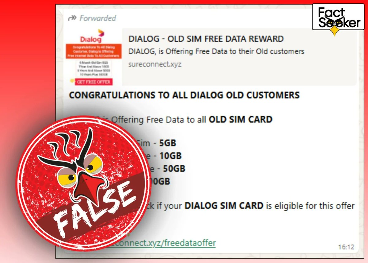 DIALOG இன் இலவச சலுகைகள் என பகிரப்படும் போலிச் செய்தி

இணைப்பு - shorturl.at/tGQhY

#dialog #SriLanka #FactCheck #factseeker #SriLankaNews #slpi