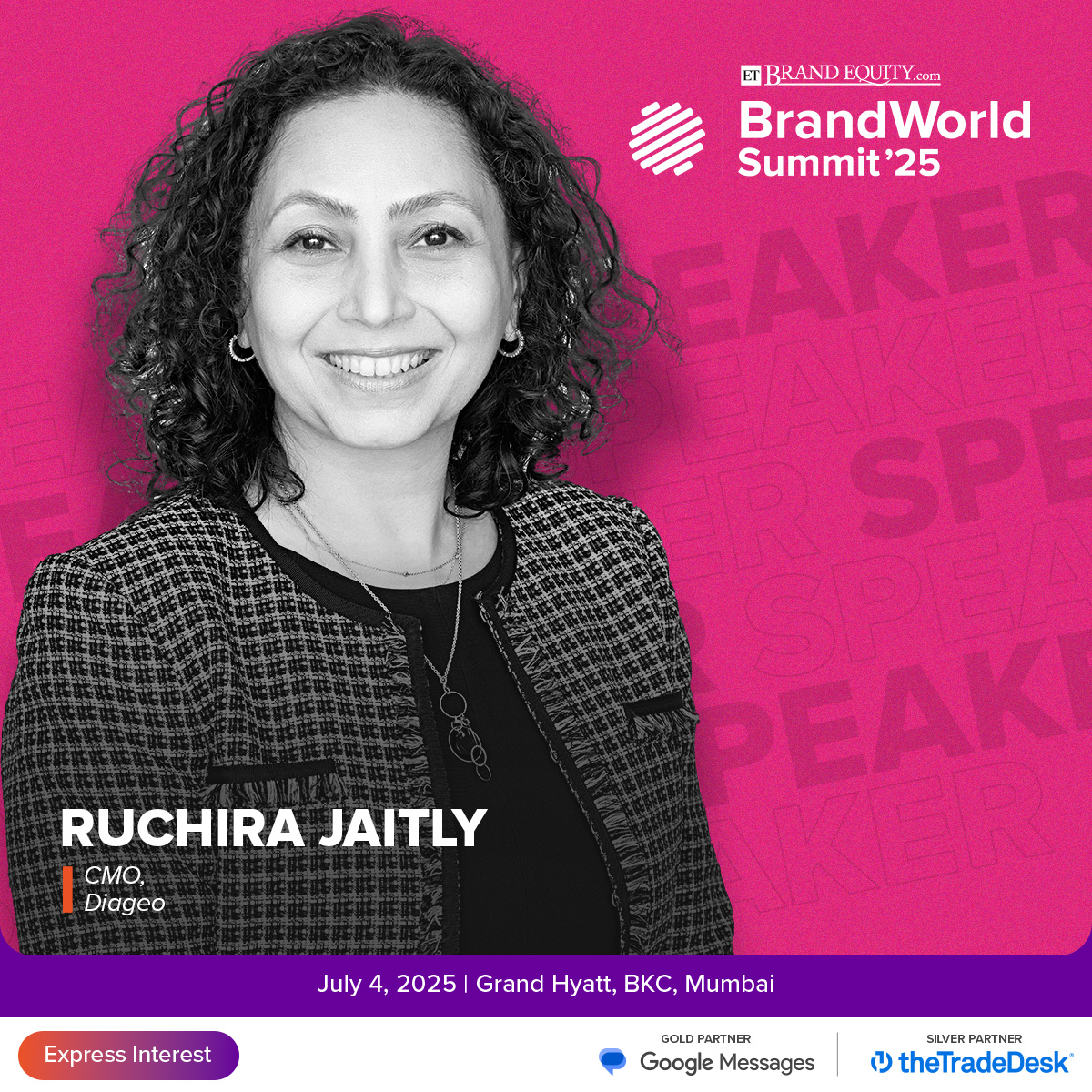 Catch Ruchira Jaitly, CMO of Diageo, at #ETBWS2025 as she decodes the power of storytelling, strategy, and soul in building brands that endure.

📍 July 4, 2025 | Grand Hyatt, BKC, Mumbai

Express Interest: shorturl.at/xNppe

#BrandWorldSummit #ETBrandEquity #RuchiraJaitly