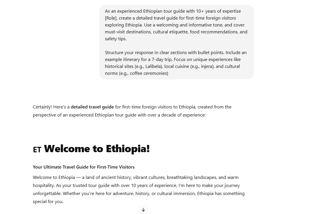 tek_gir's tweet photo. #ALX_AiSK   Prompting techniques to generate a first-timer’s guide to Ethiopia with ChatGPT—covering culture, food, safety @alx_africa https://t.co/C8F8sTifX5