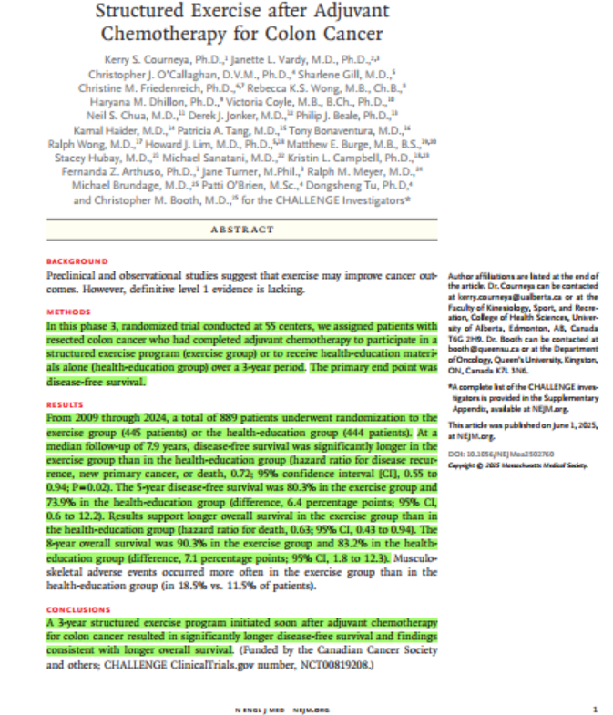 phsonco's tweet photo. This is a new standard of care! The first randomized clinical trial to evaluate the impact of physical exercise on survival in cancer patients.
Exercise Group x Health-education Group:
🔴 5-year DFS: 80,3% x 73,9%
🟢 8-year OS: 90,3% x 83,2%
🔵 Every 16 people➡️ exercise prevented 1 recurrence/new cancer
🟡 Every 14 people➡️exercise prevented 1 death